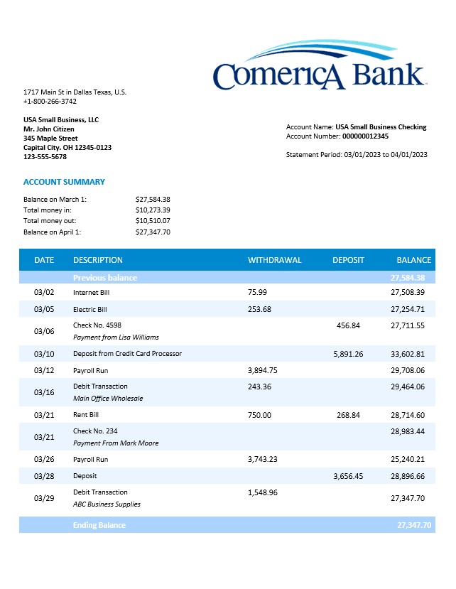 Modèle Word et PDF de déclaration commerciale de la Comerica Bank